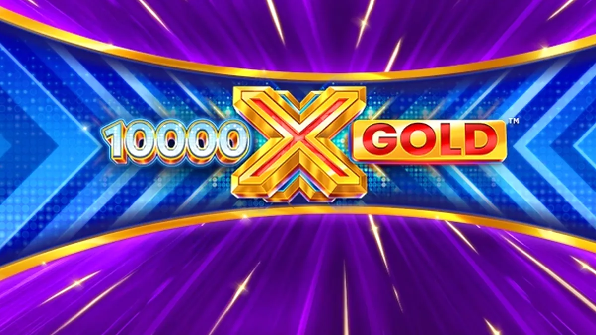 Ang makintab na logo ng 10,000 X Gold slot na may gintong tema.