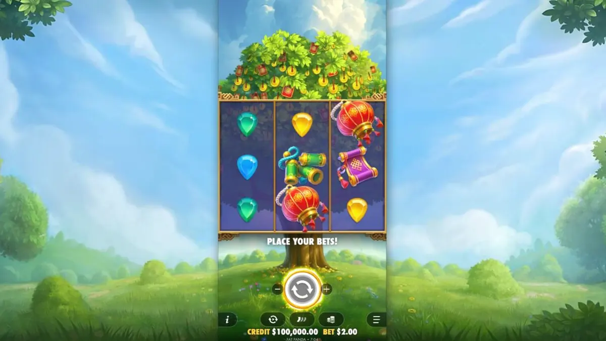 Ang maswerteng puno ng Lucky Fortune Tree na puno ng gintong barya at mga pulang sobre sa isang payapang lambak.